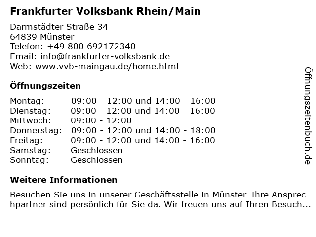 ᐅ Offnungszeiten Frankfurter Volksbank Eg Darmstadter Strasse 34 In Munster