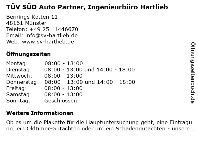 TÜV SÜD Auto Partner, Ingenieurbüro Hartlieb in Münster: Adresse und Öffnungszeiten