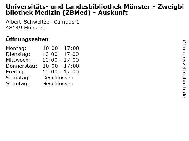 Universitäts- und Landesbibliothek Münster - Zweigbibliothek Medizin (ZBMed) - Auskunft in Münster: Adresse und Öffnungszeiten