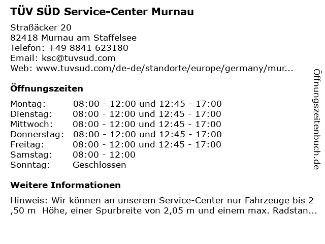 TÜV SÜD Service-Center Murnau in Murnau am Staffelsee: Adresse und Öffnungszeiten