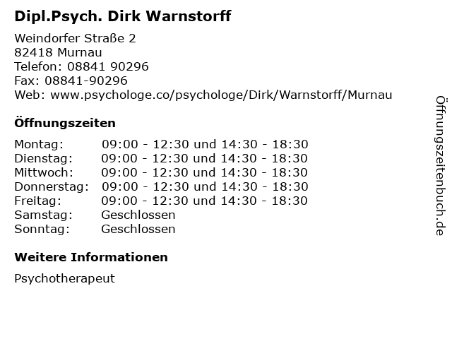 Dipl.Psych. Dirk Warnstorff in Murnau: Adresse und Öffnungszeiten