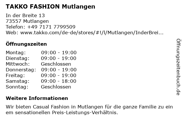 TAKKO FASHION Mutlangen in Mutlangen: Adresse und Öffnungszeiten