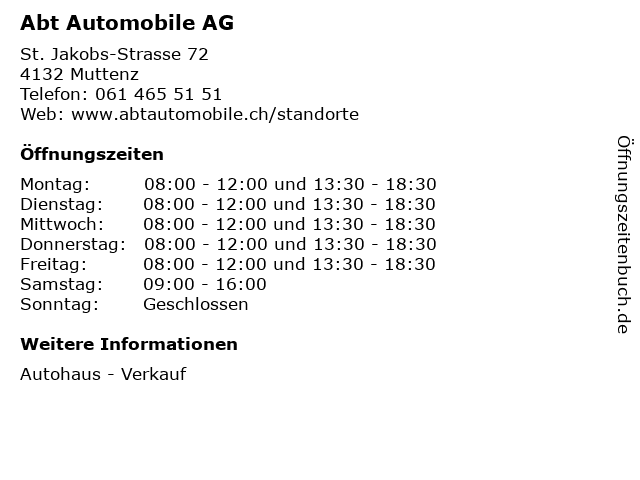 Abt Automobile AG in Muttenz: Adresse und Öffnungszeiten