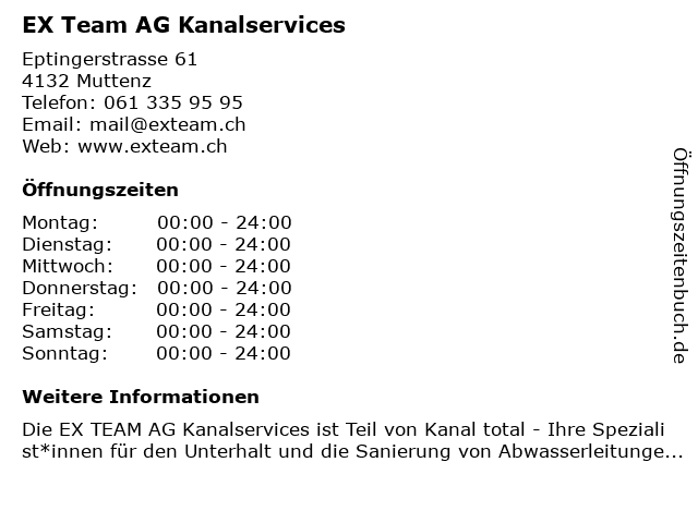 EX Team AG Kanalservices in Muttenz: Adresse und Öffnungszeiten