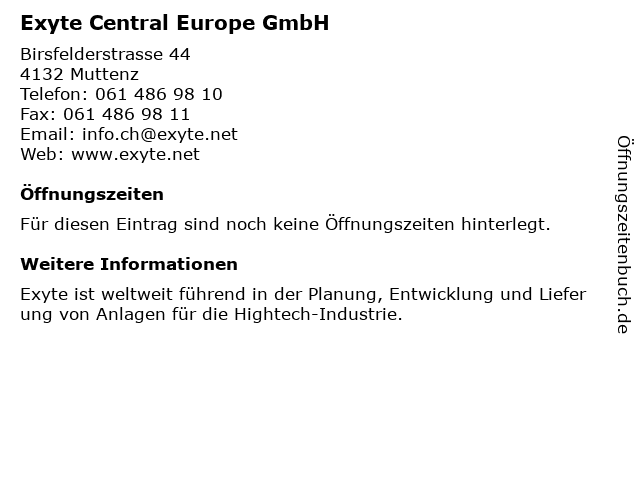 Exyte Central Europe GmbH in Muttenz: Adresse und Öffnungszeiten