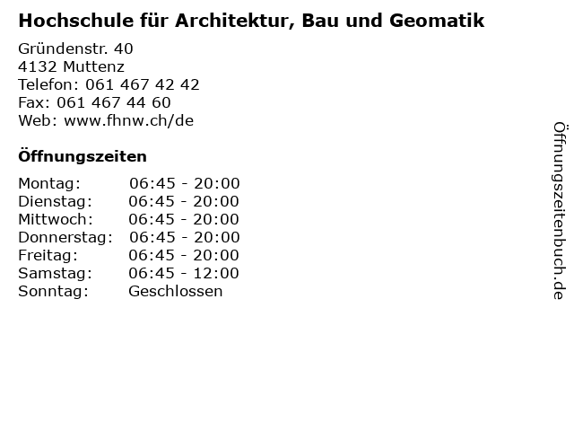 Hochschule für Architektur, Bau und Geomatik in Muttenz: Adresse und Öffnungszeiten