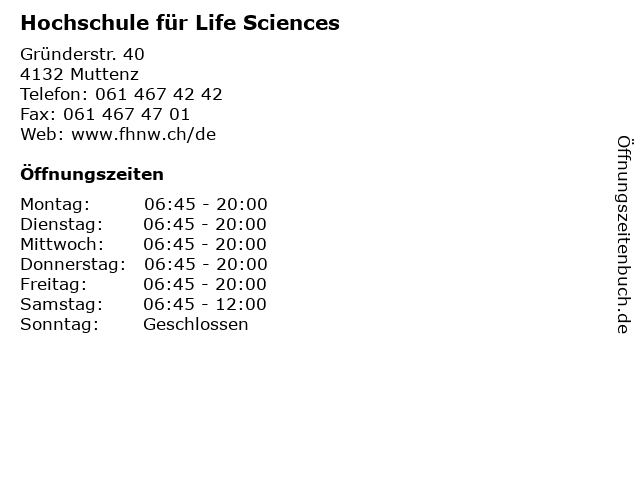 Hochschule für Life Sciences in Muttenz: Adresse und Öffnungszeiten