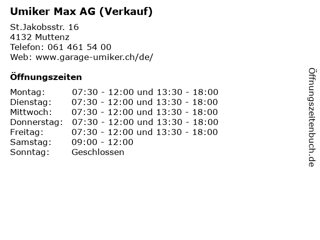 Umiker Max AG (Verkauf) in Muttenz: Adresse und Öffnungszeiten