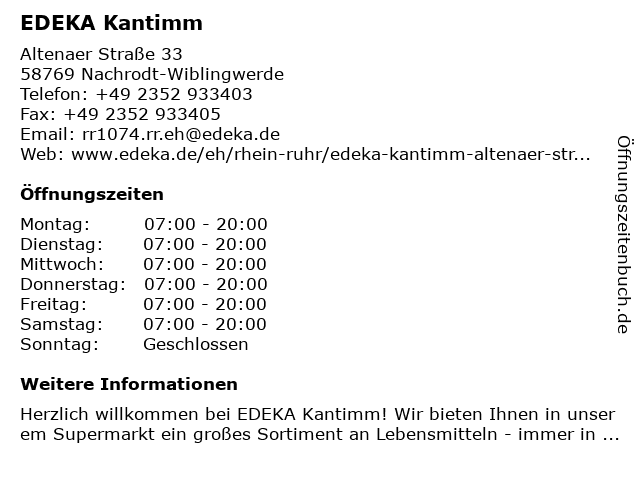 EDEKA Kantimm in Nachrodt-Wiblingwerde: Adresse und Öffnungszeiten