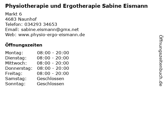 Physiotherapie und Ergotherapie Sabine Eismann in Naunhof: Adresse und Öffnungszeiten