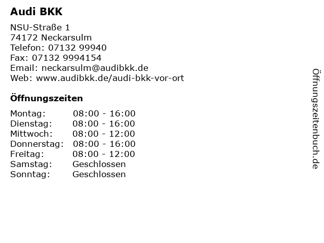 ᐅ Offnungszeiten Audi Bkk Nsu Strasse 1 In Neckarsulm