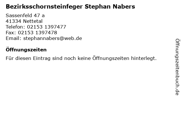 Bezirksschornsteinfeger Stephan Nabers in Nettetal: Adresse und Öffnungszeiten
