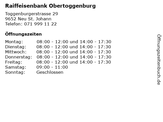 Raiffeisenbank Obertoggenburg in Neu St. Johann: Adresse und Öffnungszeiten
