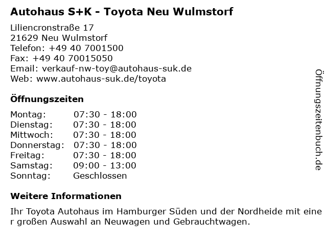 ᐅ Offnungszeiten Autohaus S K Toyota Renault Dacia Neu Wulmstorf Liliencronstrasse 17 In Neu Wulmstorf