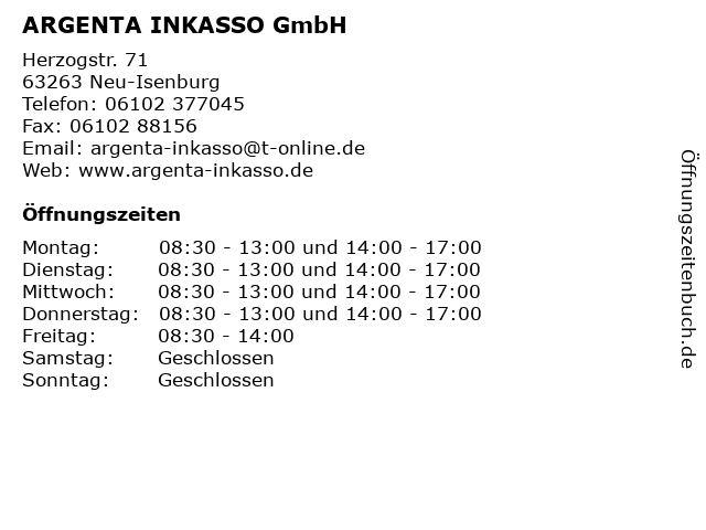 ARGENTA INKASSO GmbH in Neu-Isenburg: Adresse und Öffnungszeiten
