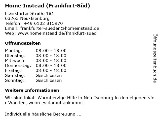 Home Instead (Frankfurt-Süd) in Neu-Isenburg: Adresse und Öffnungszeiten