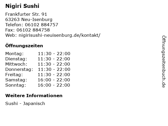 Nigiri Sushi in Neu-Isenburg: Adresse und Öffnungszeiten
