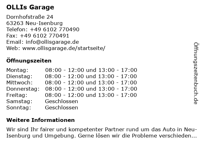 OLLIs Garage in Neu-Isenburg: Adresse und Öffnungszeiten