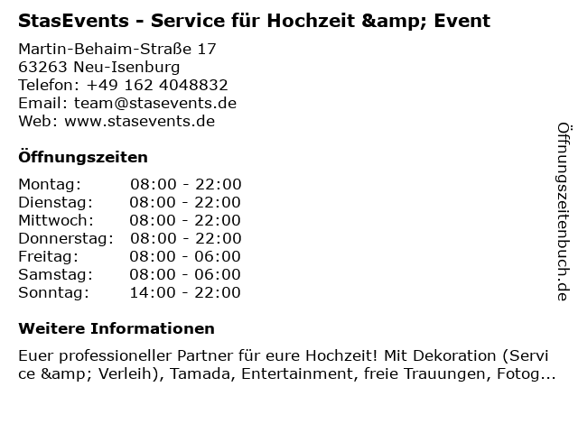 StasEvents - Service für Hochzeit & Event in Neu-Isenburg: Adresse und Öffnungszeiten