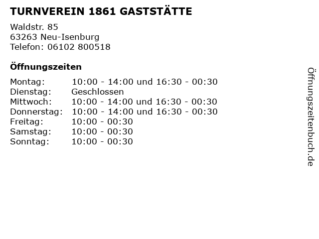 TURNVEREIN 1861 GASTSTÄTTE in Neu-Isenburg: Adresse und Öffnungszeiten