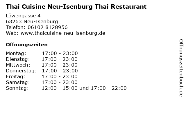 Thai Cuisine Neu-Isenburg Thai Restaurant in Neu-Isenburg: Adresse und Öffnungszeiten