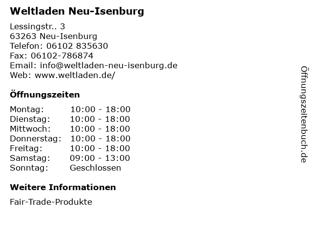 Weltladen Neu-Isenburg in Neu-Isenburg: Adresse und Öffnungszeiten