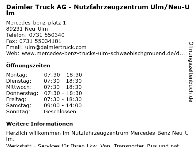 Daimler Truck AG Niederlassung Ulm/Neu-Ulm in Neu-Ulm: Adresse und Öffnungszeiten