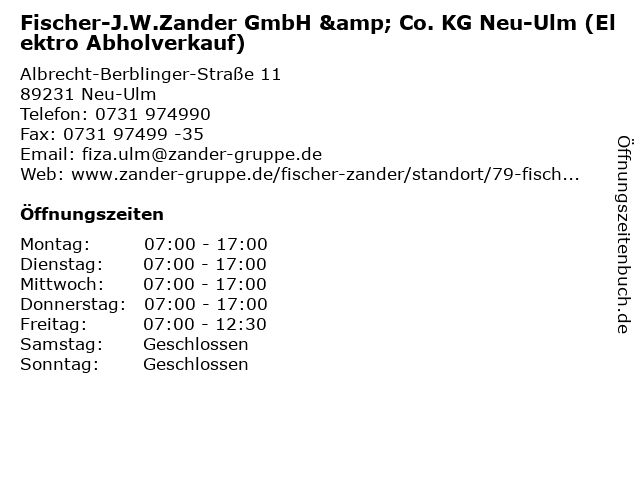 Fischer-J.W.Zander GmbH & Co. KG Neu-Ulm (Elektro Abholverkauf) in Neu-Ulm: Adresse und Öffnungszeiten