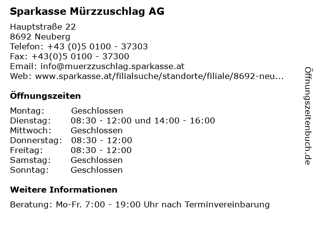 ᐅ Offnungszeiten Sparkasse Murzzuschlag Ag Filiale Neuberg