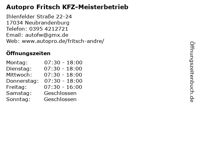 AC Auto Check Freie Kfz-Werkstatt Fritsch u. Witt GbR in Neubrandenburg: Adresse und Öffnungszeiten
