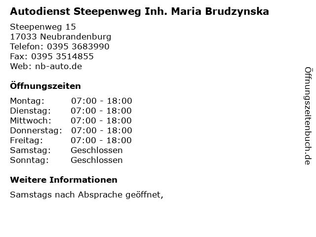 Autodienst Steepenweg Inh. Maria Brudzynska in Neubrandenburg: Adresse und Öffnungszeiten