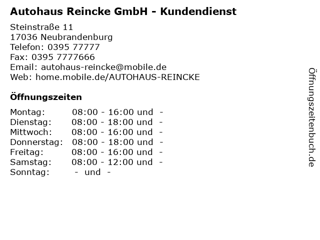 Autohaus Reincke GmbH - Kundendienst in Neubrandenburg: Adresse und Öffnungszeiten
