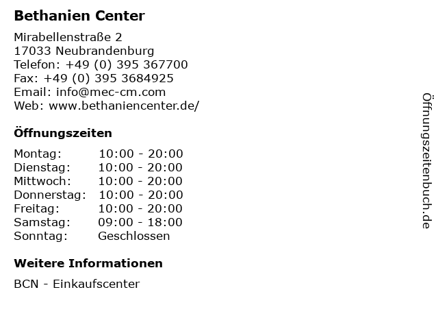 Bethanien Center in Neubrandenburg: Adresse und Öffnungszeiten
