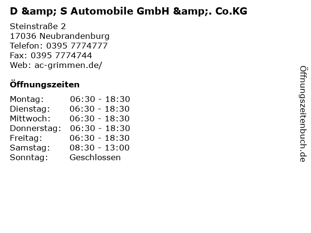 D & S Automobile GmbH &. Co.KG in Neubrandenburg: Adresse und Öffnungszeiten