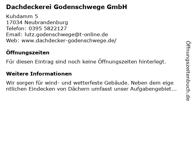 Dachdeckerei Godenschwege GmbH in Neubrandenburg: Adresse und Öffnungszeiten