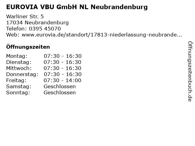 EUROVIA VBU GmbH NL Neubrandenburg in Neubrandenburg: Adresse und Öffnungszeiten