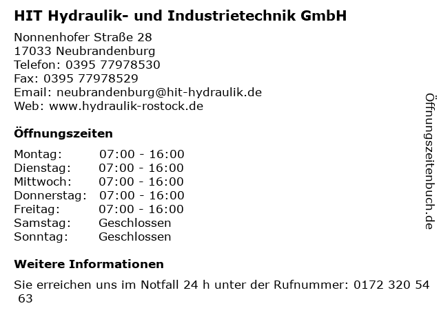 HIT Hydraulik- und Industrietechnik GmbH in Neubrandenburg: Adresse und Öffnungszeiten