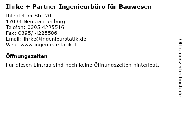 Ihrke + Partner Ingenieurbüro für Bauwesen in Neubrandenburg: Adresse und Öffnungszeiten
