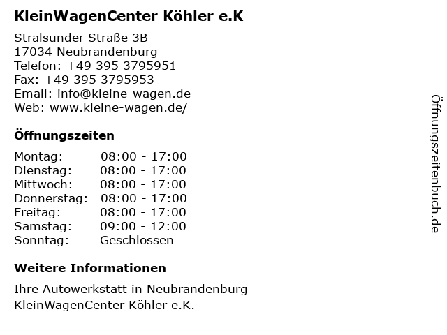 ᐅ Offnungszeiten Kleinwagencenter Kohler Sohn Stralsunder