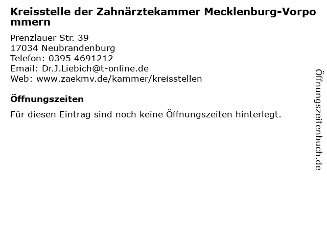 Kreisstelle der Zahnärztekammer Mecklenburg-Vorpommern in Neubrandenburg: Adresse und Öffnungszeiten
