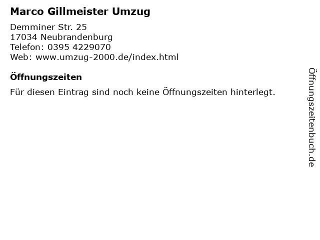 Marco Gillmeister Umzug in Neubrandenburg: Adresse und Öffnungszeiten