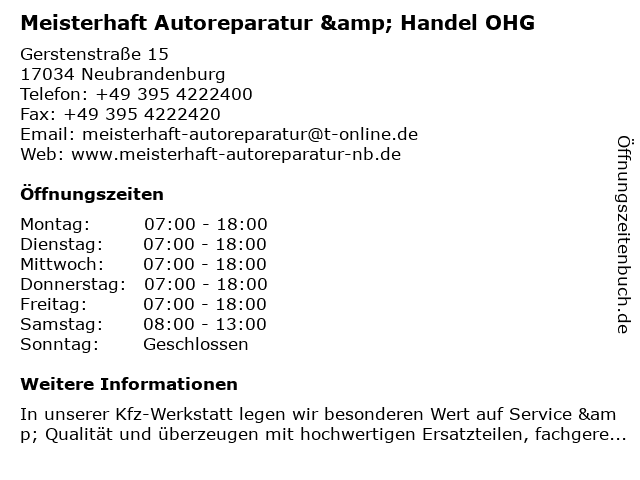 Meisterhaft Autoreparatur & Handel OHG in Neubrandenburg: Adresse und Öffnungszeiten