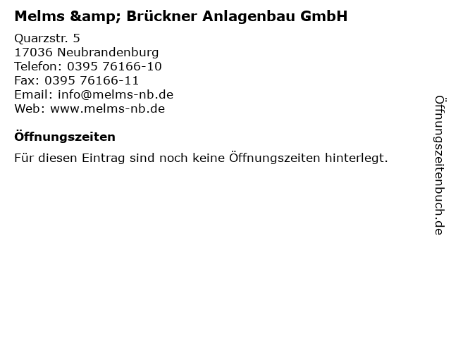 Melms & Brückner Anlagenbau GmbH in Neubrandenburg: Adresse und Öffnungszeiten