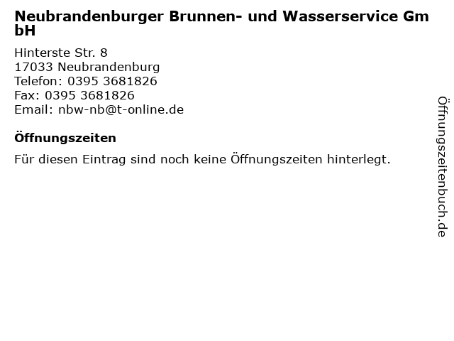 Neubrandenburger Brunnen- und Wasserservice GmbH in Neubrandenburg: Adresse und Öffnungszeiten