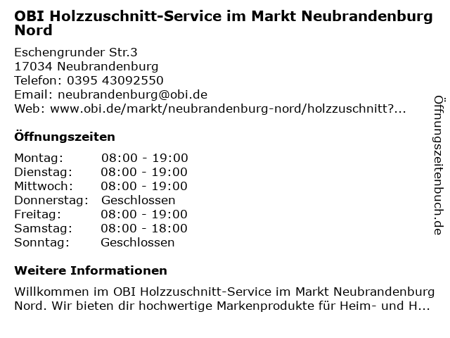 OBI Holzzuschnitt-Service im Markt Neubrandenburg Nord in Neubrandenburg: Adresse und Öffnungszeiten