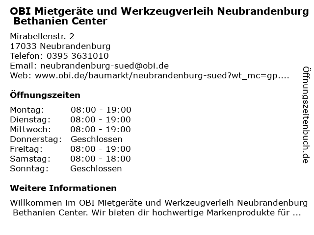 OBI Mietgeräte und Werkzeugverleih Neubrandenburg Bethanien Center in Neubrandenburg: Adresse und Öffnungszeiten