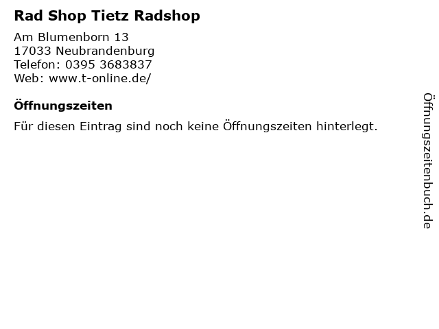 Rad Shop Tietz Radshop in Neubrandenburg: Adresse und Öffnungszeiten