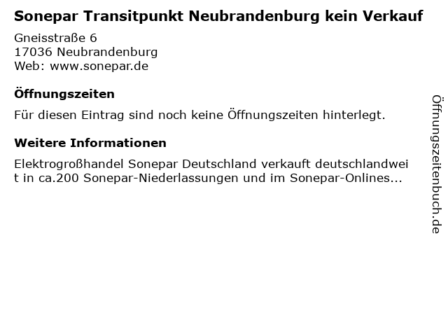 Sonepar Transitpunkt Neubrandenburg kein Verkauf in Neubrandenburg: Adresse und Öffnungszeiten
