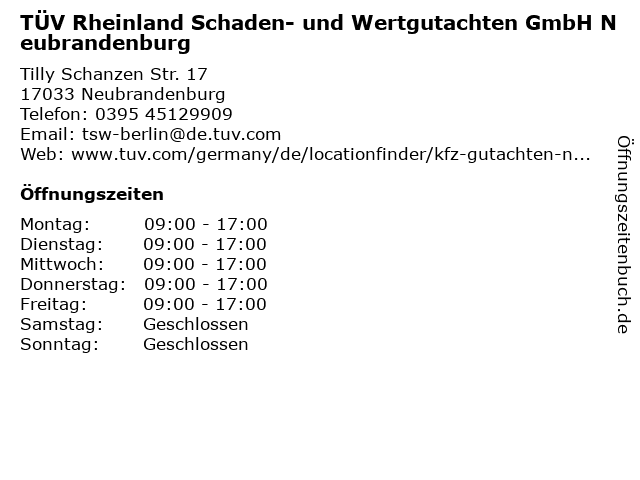TÜV Rheinland Schaden- und Wertgutachten GmbH in Neubrandenburg: Adresse und Öffnungszeiten