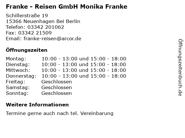 Franke - Reisen GmbH Monika Franke in Neuenhagen Bei Berlin: Adresse und Öffnungszeiten